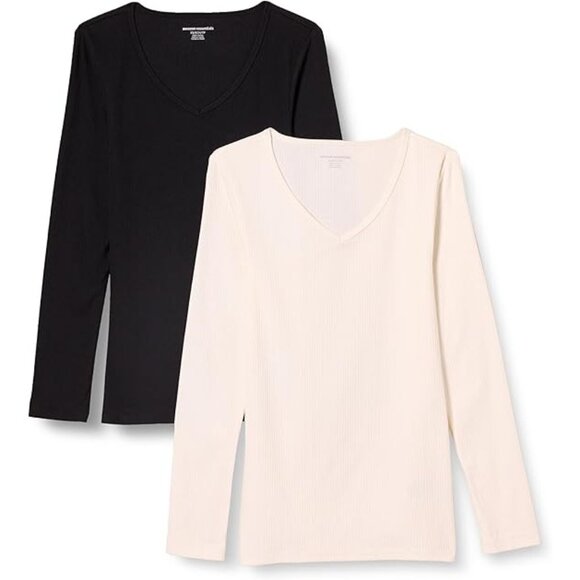 V-Neck Long Sleeve Knit Ribbed Top Pack Of 2 Eggshell White & Black Size 4X - Picture 1 of 13